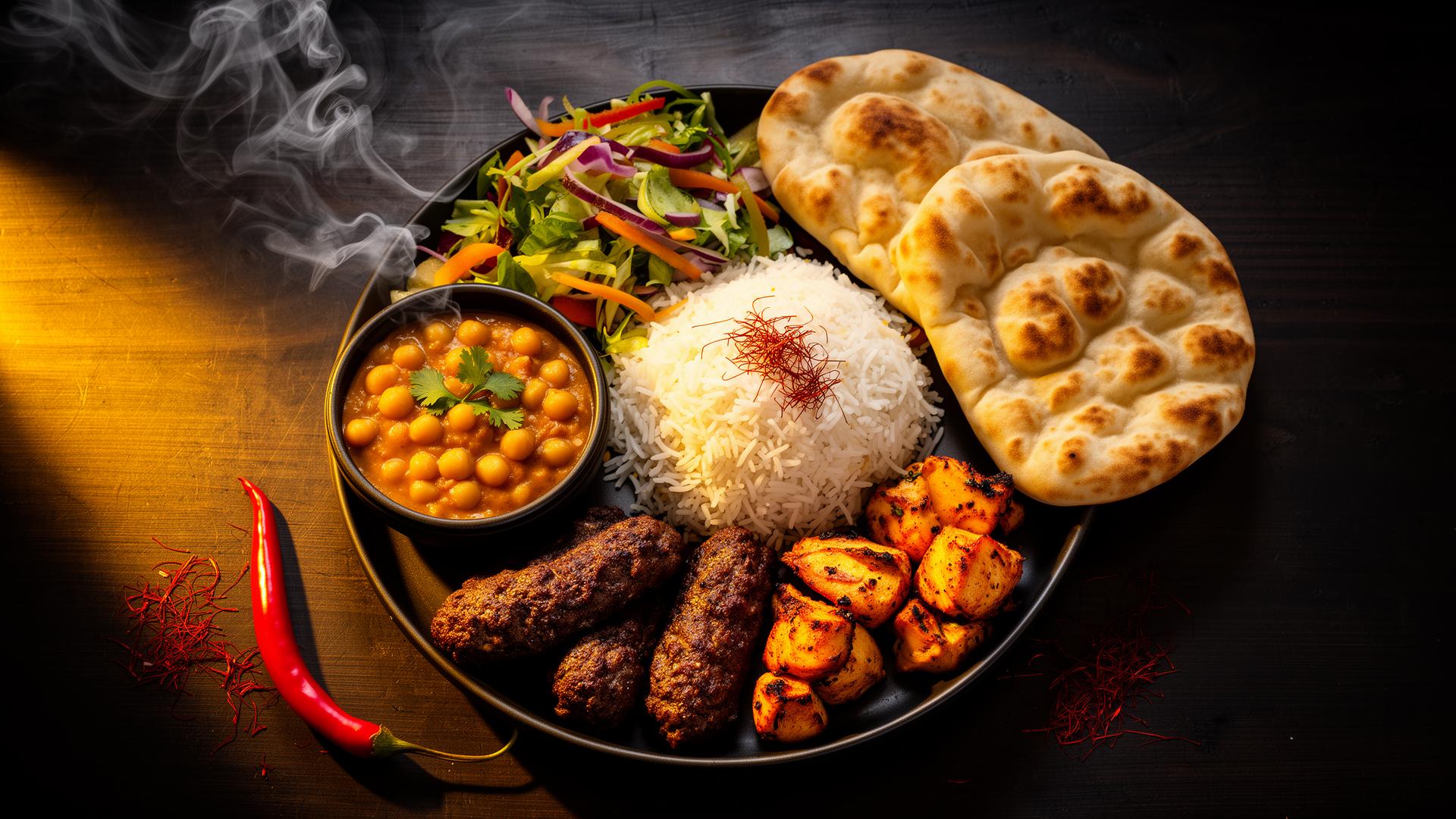 Halal kebab platter with chicken tikka, seekh kebab, basmati rice and naan in Tomball, TX